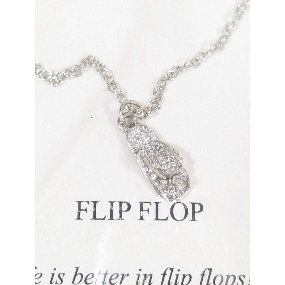 NWT Flip Flop Necklace Rhinestone Silver Tone 19" Beach Summer